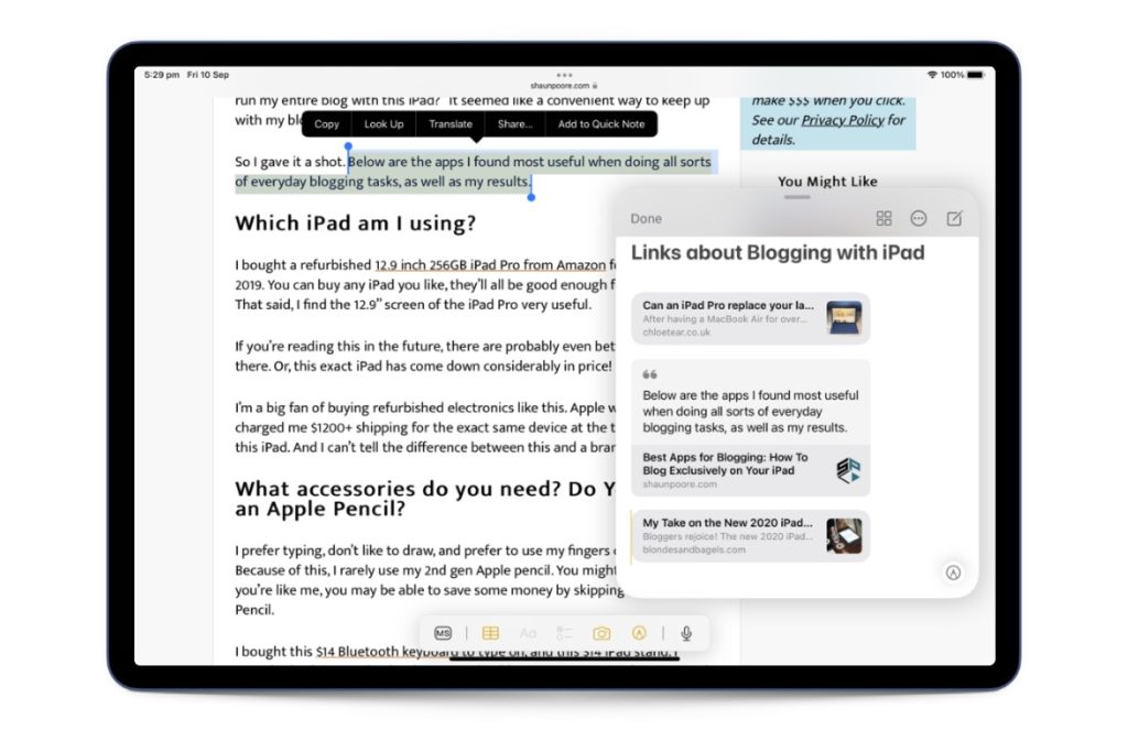 Quick Note for researching and saving links on iPad